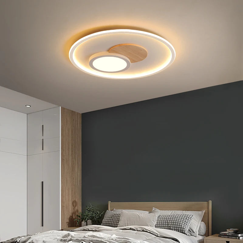 Modern round real wood ceiling light with decorative LEDs - vue 3 sur 16