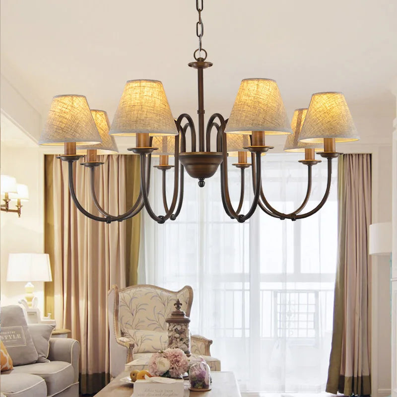 Classic European and American country wrought iron chandelier with fabric shade