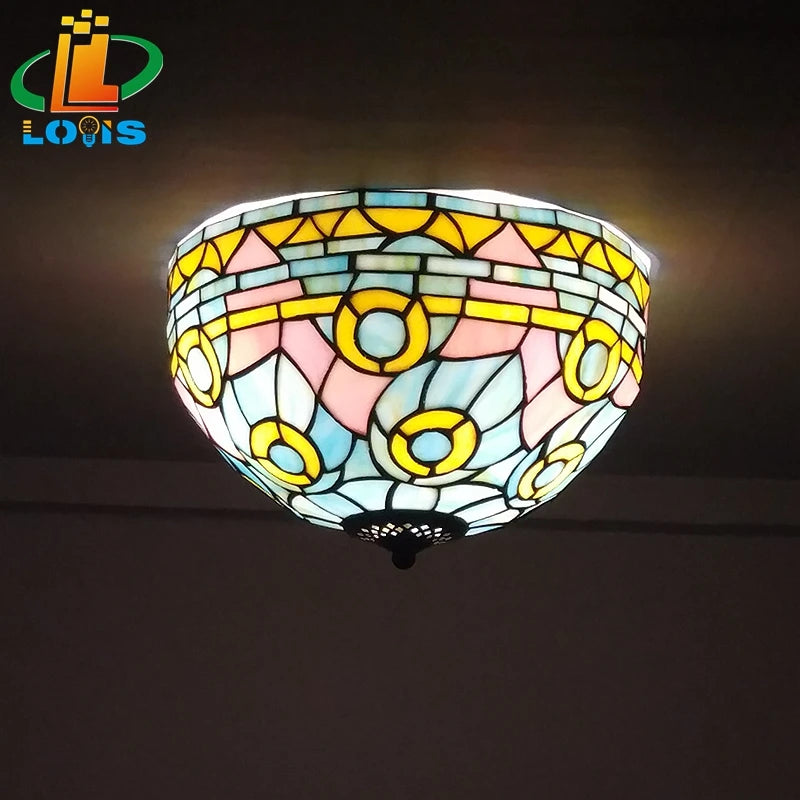 Tiffany Mediterranean art stained glass ceiling light warm and inviting