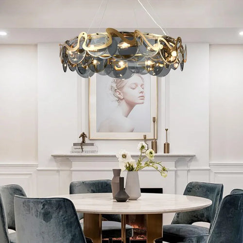 Round glass and iron chandelier for indoor lighting - vue 9 sur 12