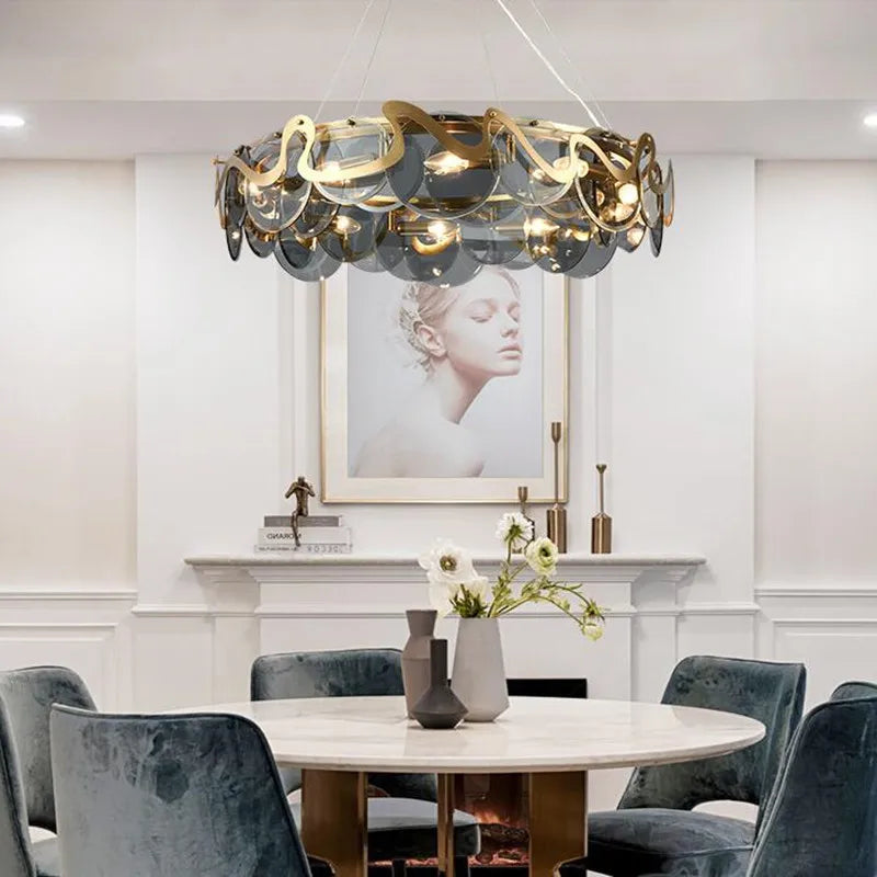 Round glass and iron chandelier for indoor lighting - vue 9 sur 12