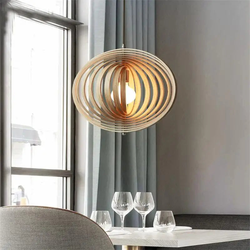 Minimalist wood LED Spherica pendant light for Nordic office - vue 4 sur 9