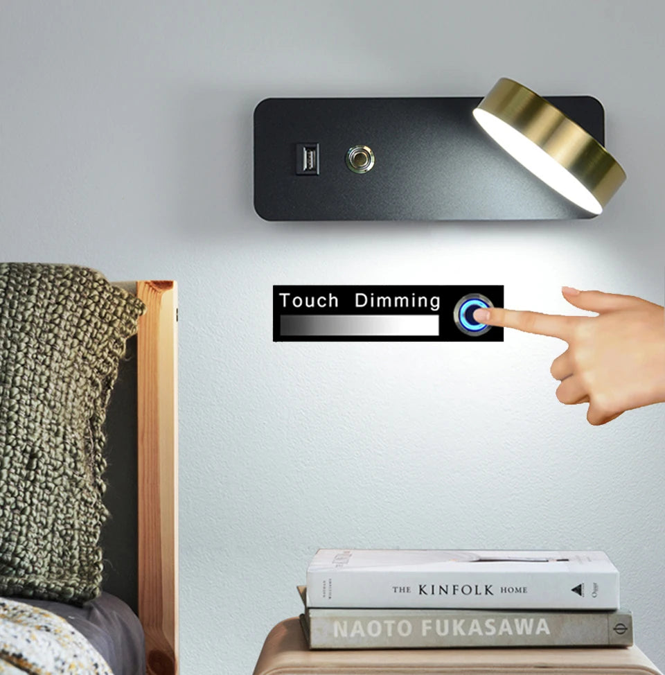 LITU modern indoor aluminium wall light with touch dimmer and USB LED lighting for living room, bedside and hallway decor