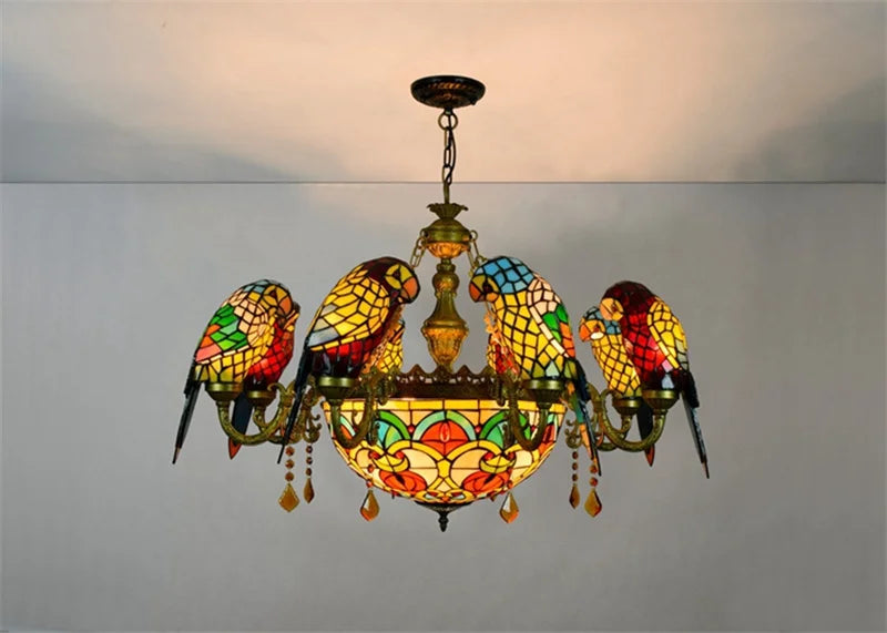 Tiffany stained glass chandelier with parrot bird design for elegant interiors - vue 4 sur 14