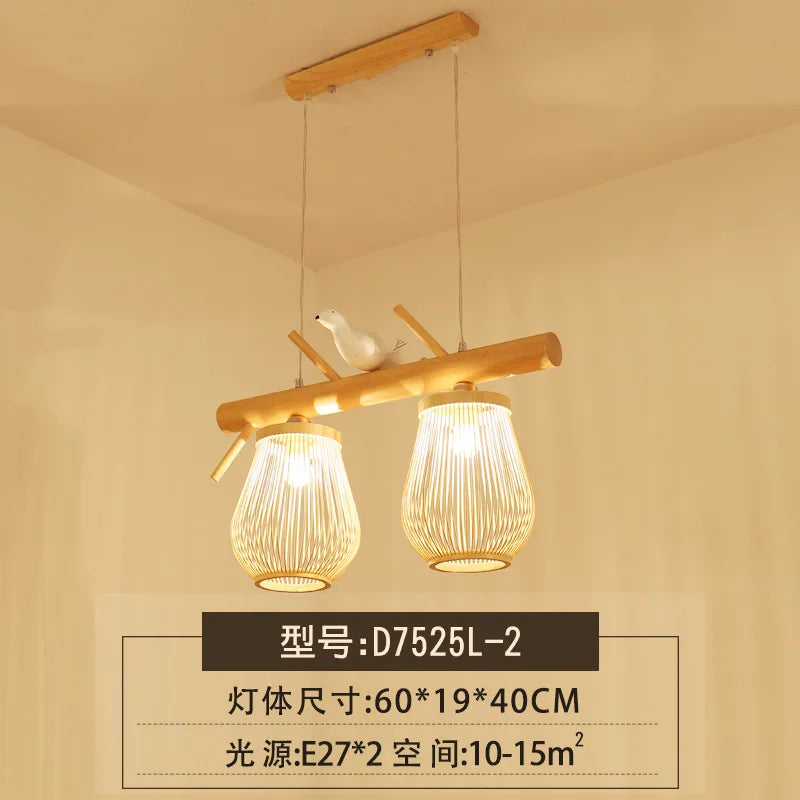 Modern wood and bamboo pendant light with decorative bird design - vue 9 sur 10