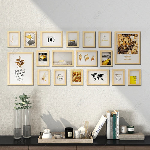 Set of 18 natural wood photo frames for wall hanging
