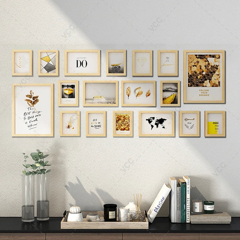 Set of 18 natural wood photo frames for wall hanging