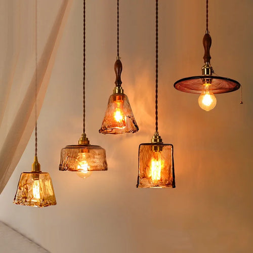 Adjustable vintage Japanese-style LED wood and copper pendant light - vue 2 sur 21