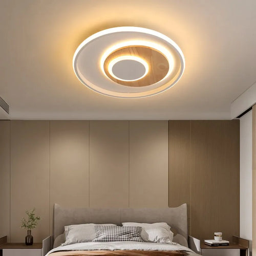 Modern round real wood ceiling light with decorative LEDs - vue 2 sur 16