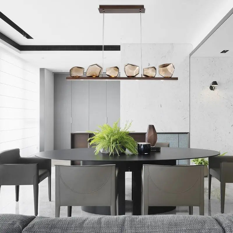 Modern round art deco LED chandelier in stone and glass - vue 3 sur 6