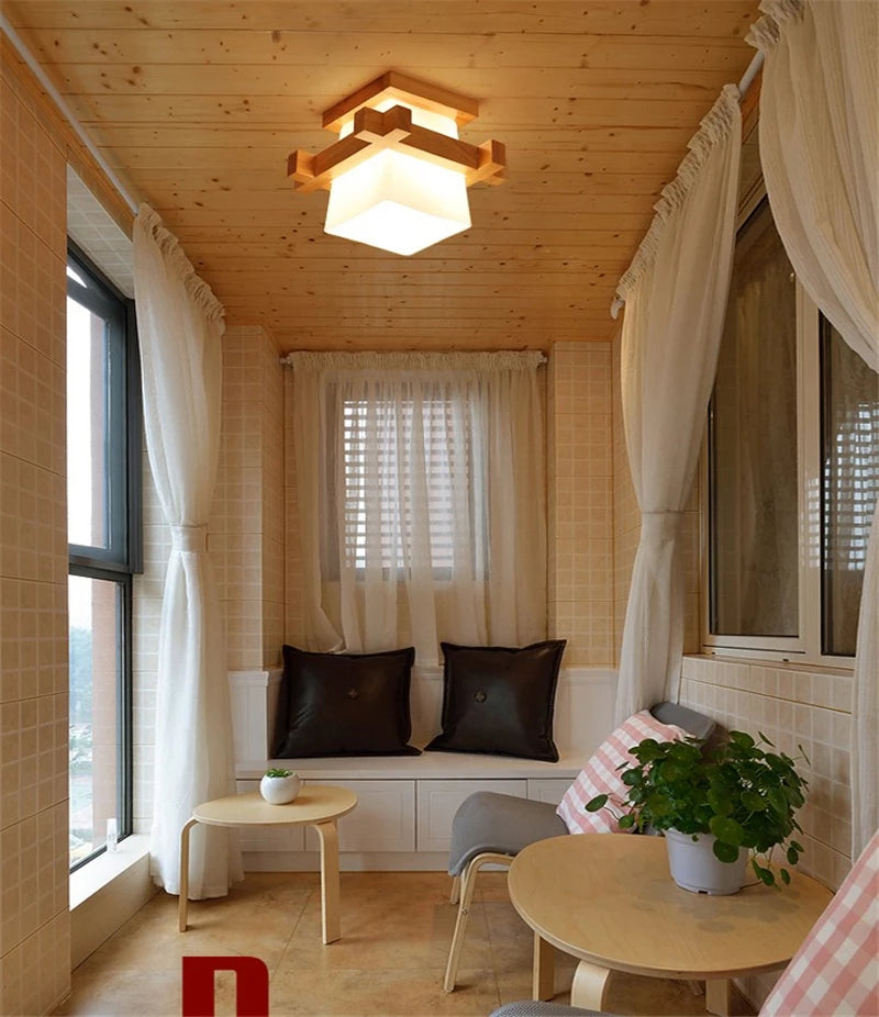 Japanese glass and wood ceiling light for modern interiors - vue 3 sur 8