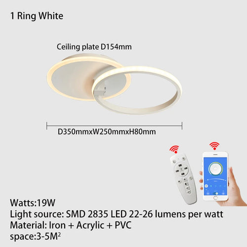 Modern led chandelier with rings, remote/app control, 1–5 rings, black or white