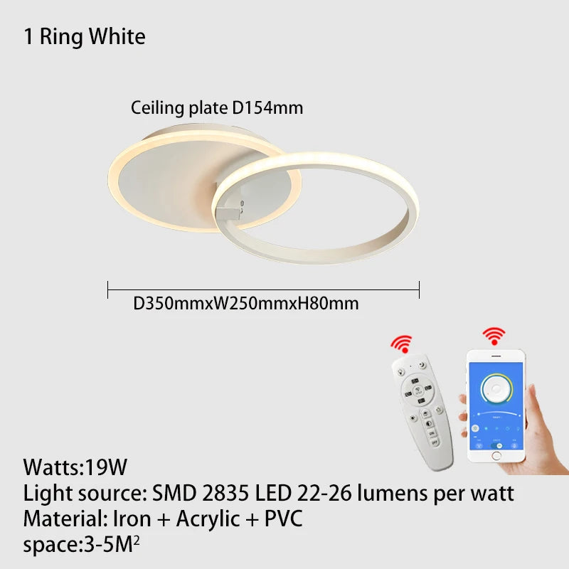 Modern led chandelier with rings, remote/app control, 1–5 rings, black or white