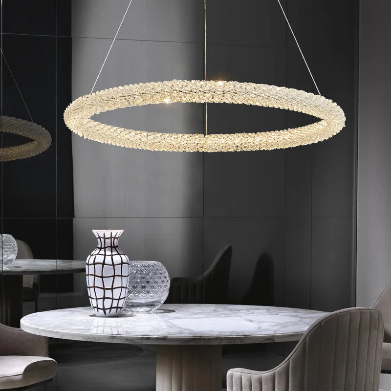 Crystal pendant light with round ring for cafés and restaurants