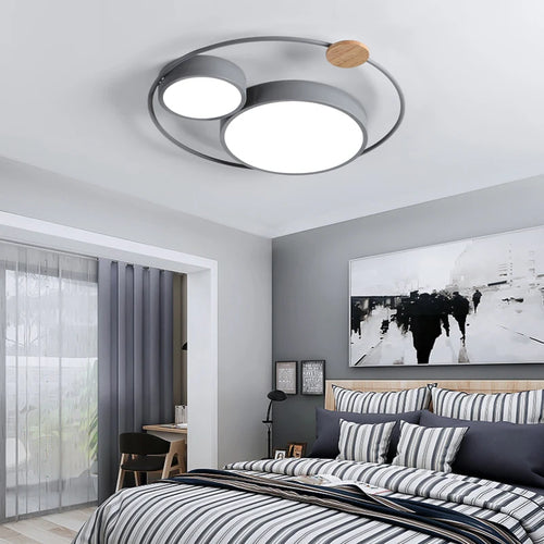 Nordic LED ceiling light with round macaron design in acrylic and wood - vue 5 sur 14
