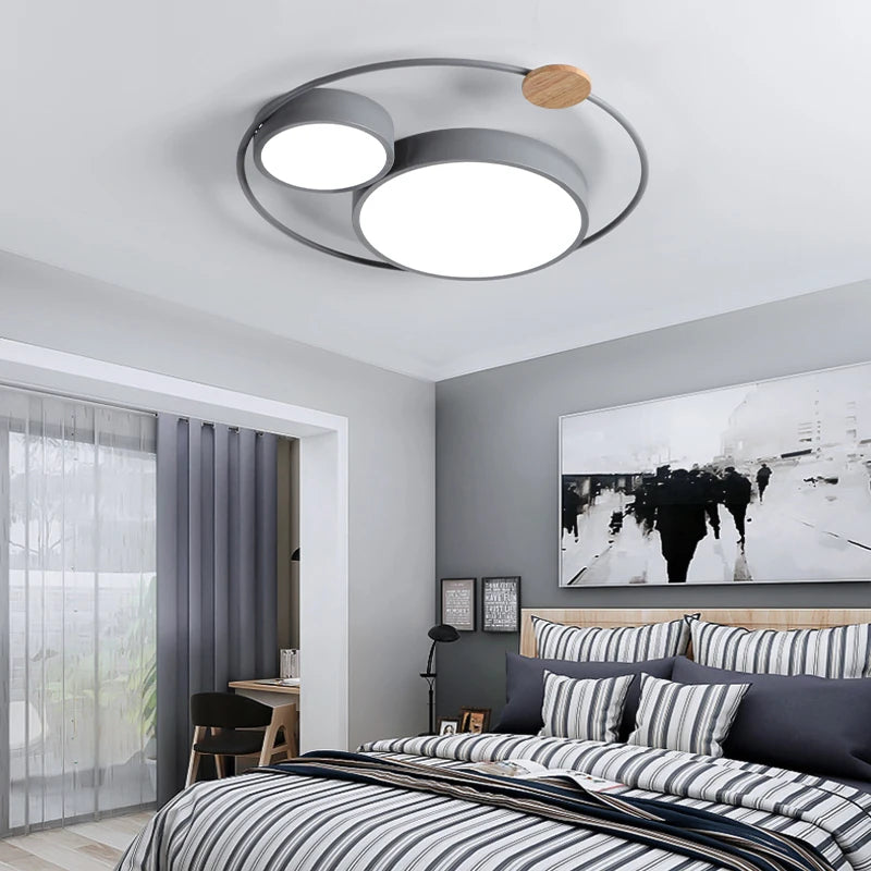 Nordic LED ceiling light with round macaron design in acrylic and wood - vue 5 sur 14