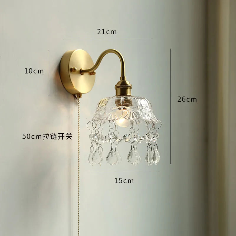 Modern glass LED wall light with pull chain switch for bathroom and bedroom, nordic copper - vue 11 sur 23
