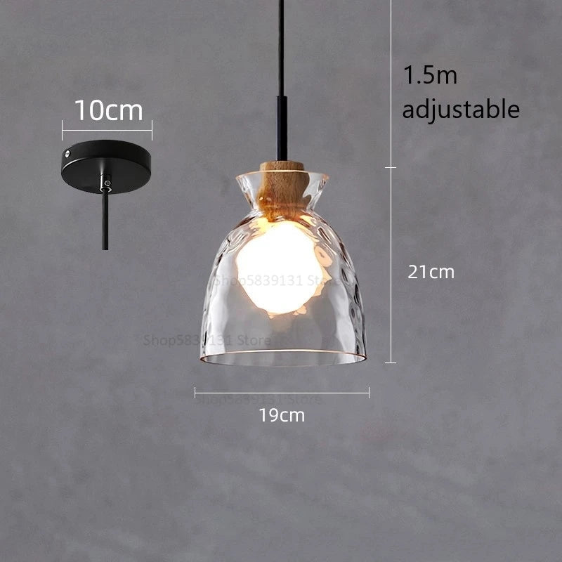 Retro nordic water grain glass and wood LED pendant light - vue 9 sur 11