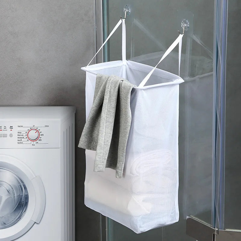 Foldable wall-mounted laundry basket for storage and organization