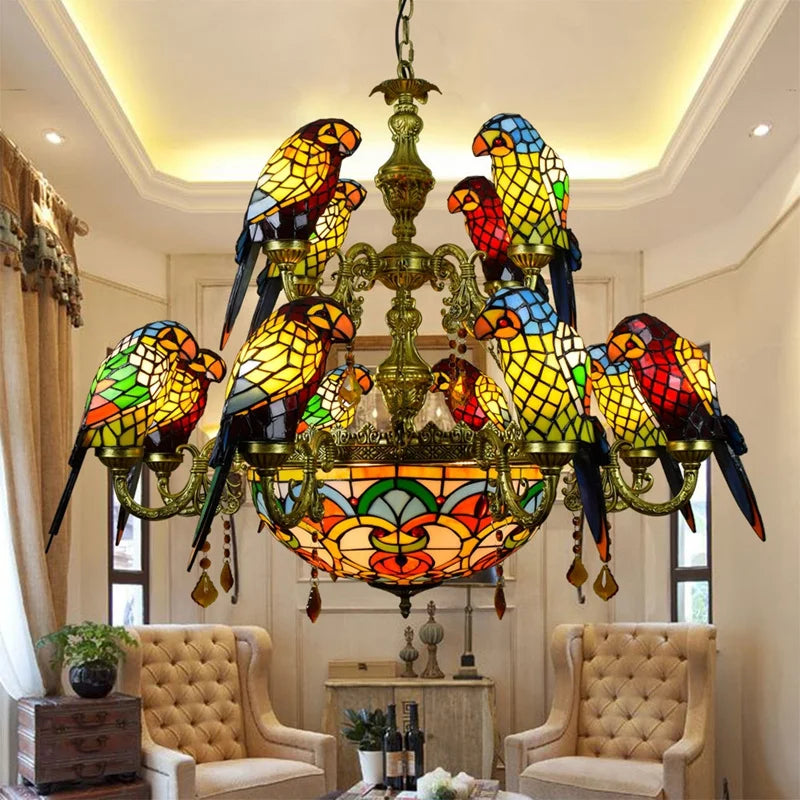 Tiffany stained glass chandelier with parrot bird design for elegant interiors - vue 3 sur 14