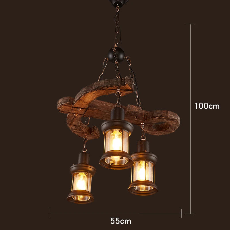 lustre vintage loft en bois avec suspension LED - vue 11 sur 28