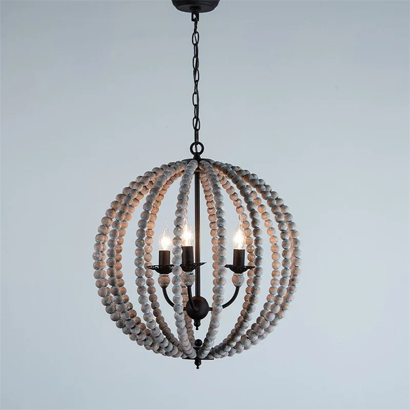 Round rustic retro chandelier in white iron with wood beads