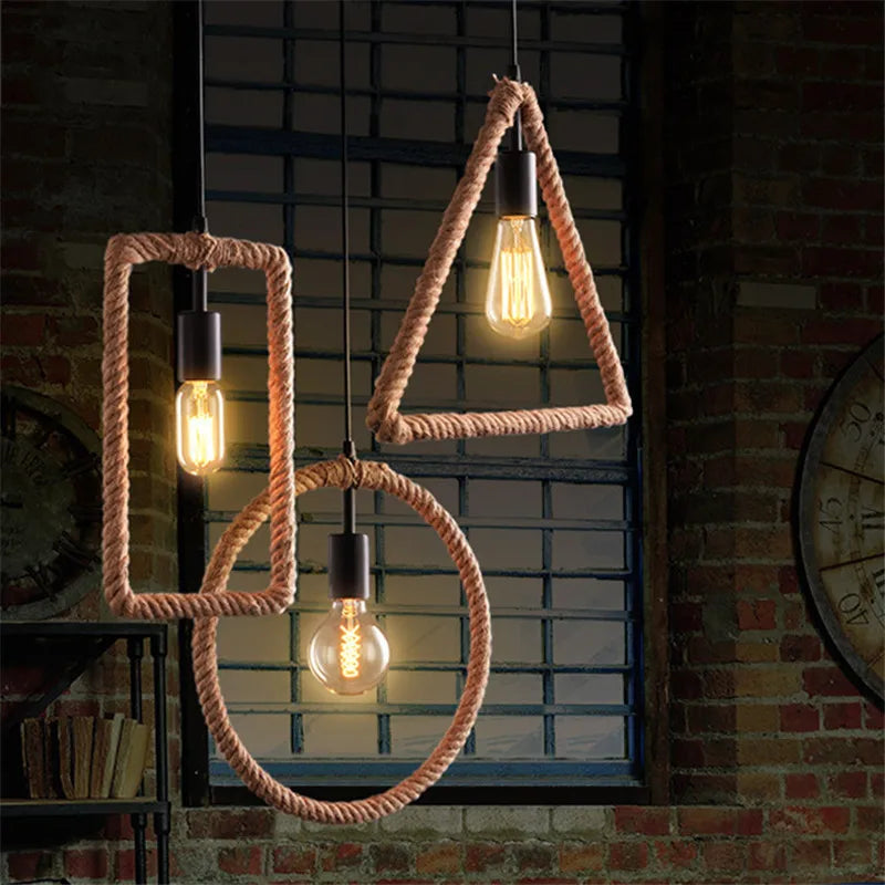 Vintage retro hemp rope pendant light with decorative lampshade