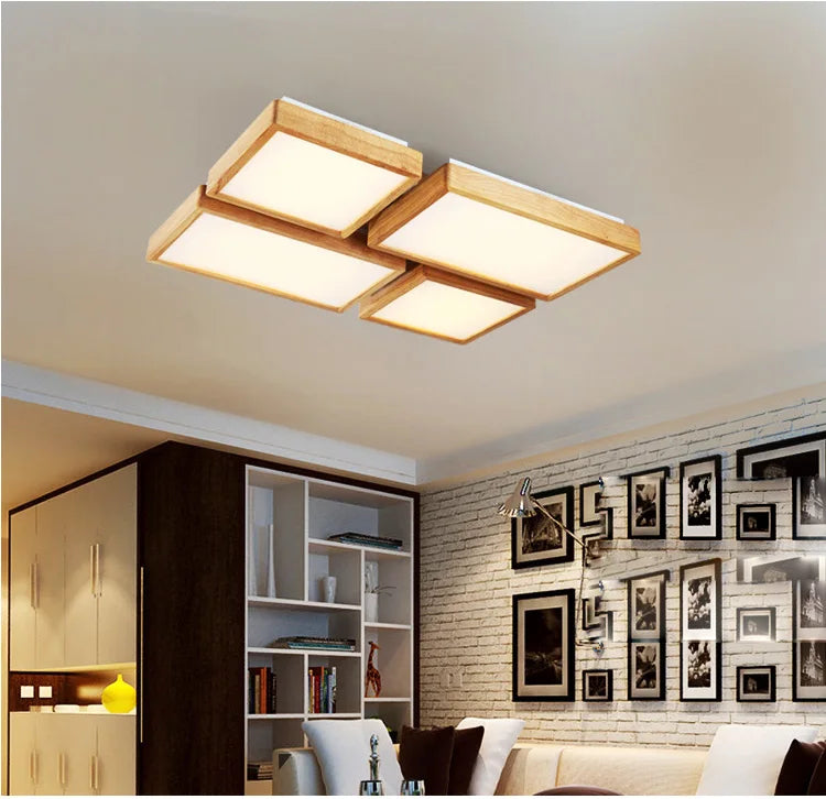 Square wooden LED ceiling light Nordic style - vue 2 sur 6