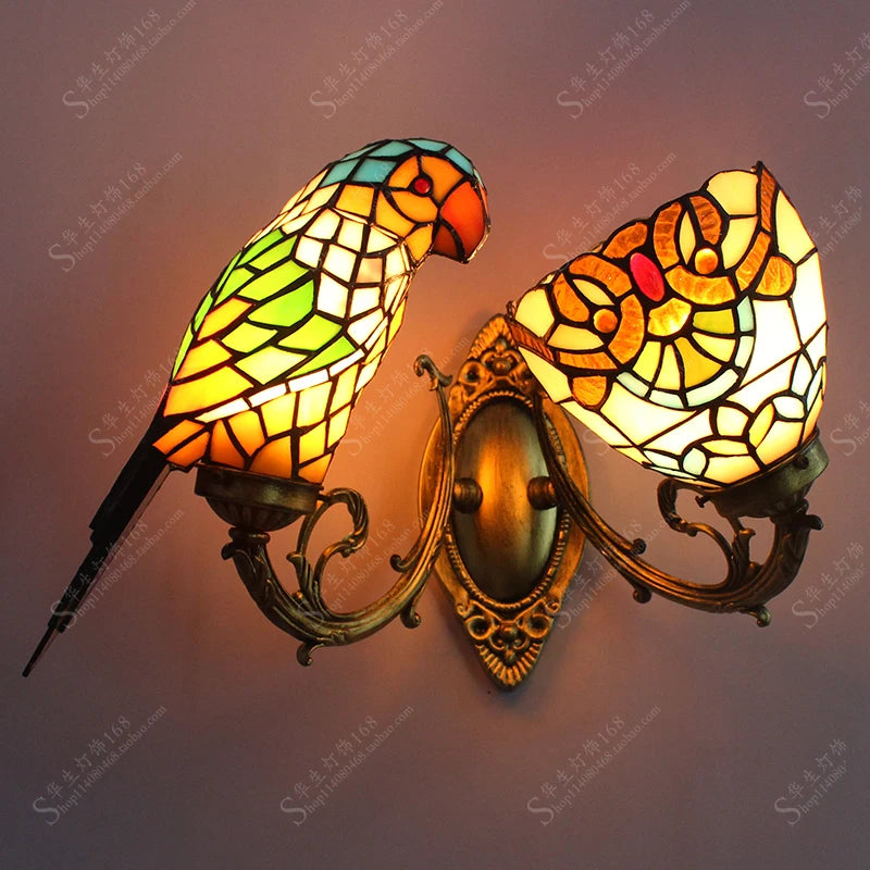 Creative parrot bedside lamp with stained glass shade