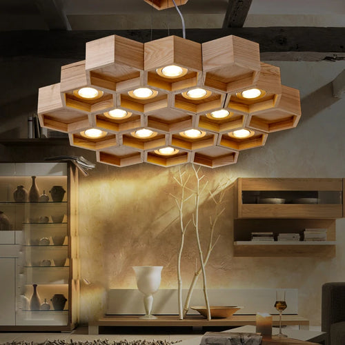 Acrylic wood honeycomb pendant light for indoor use - vue 6 sur 11