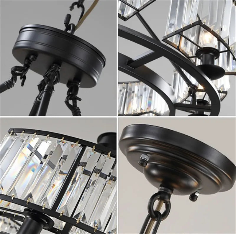 Wrought iron and crystal chandelier in retro industrial style - vue 4 sur 6
