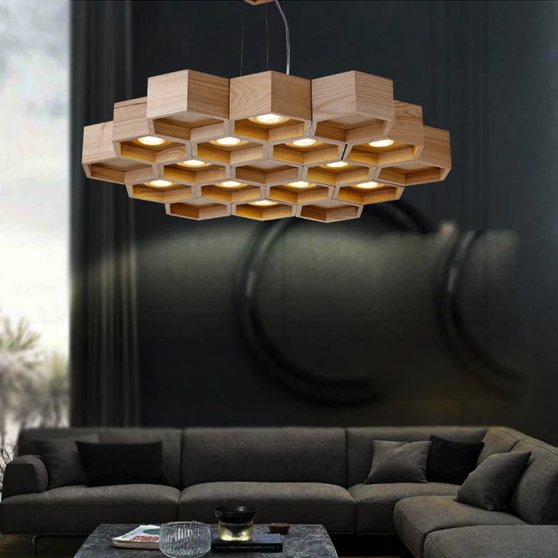 Acrylic wood honeycomb pendant light for indoor use - vue 3 sur 11