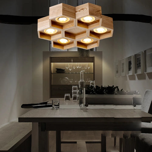 Acrylic wood honeycomb pendant light for indoor use - vue 3 sur 11