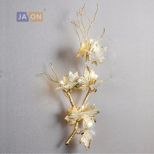 Modern g4 LED copper and glass lamp with maple leaves - vue 5 sur 6