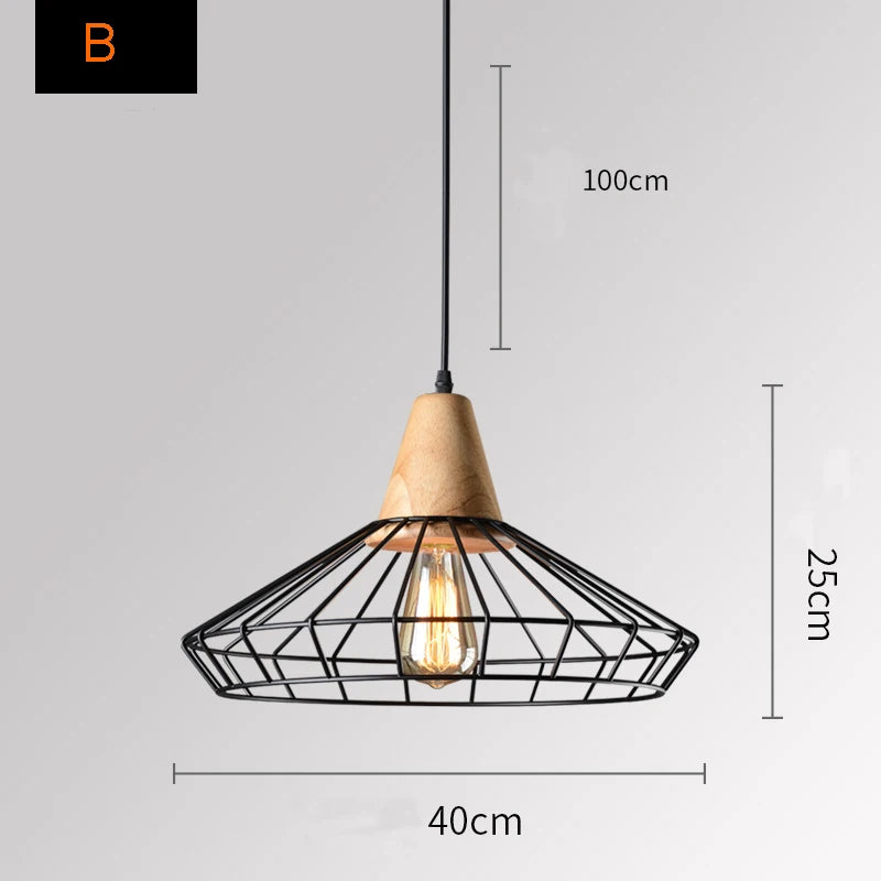 Retro wooden and iron cage pendant light for bar or café - vue 8 sur 8