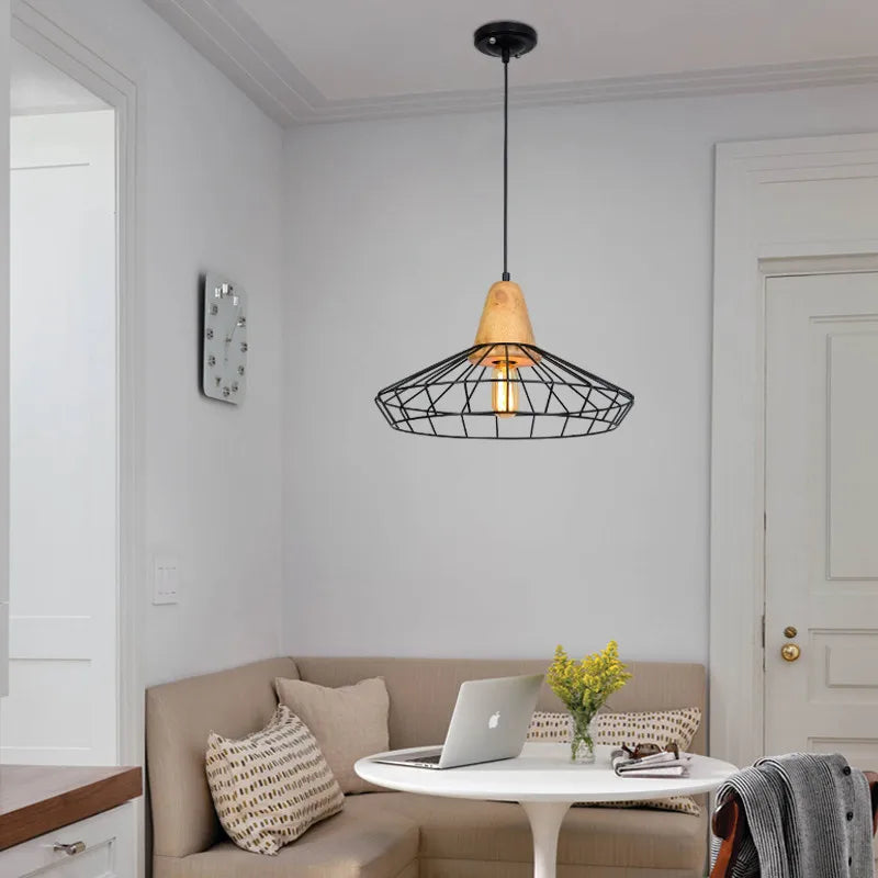 Retro wooden and iron cage pendant light for bar or café - vue 4 sur 8
