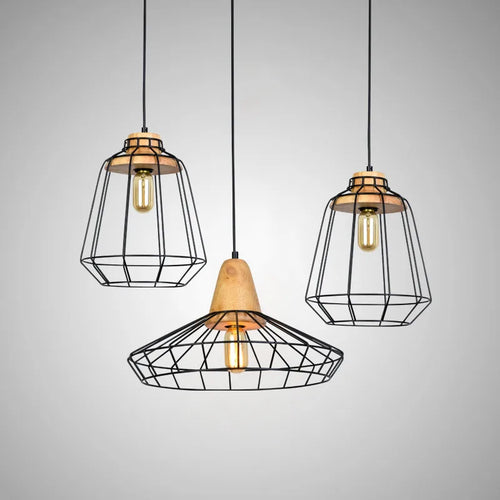 Retro wooden and iron cage pendant light for bar or café - vue 7 sur 8