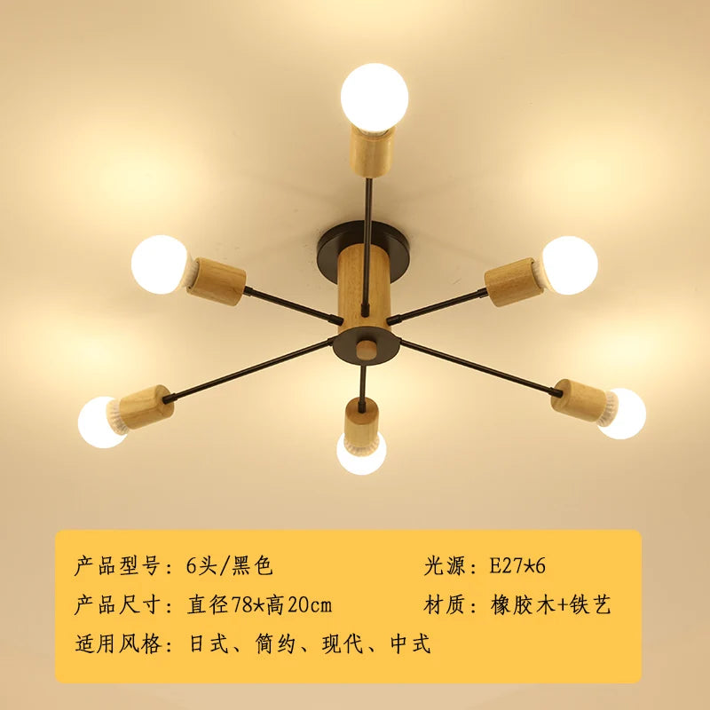 Modern solid wood LED ceiling light with creative Nordic design - vue 12 sur 12