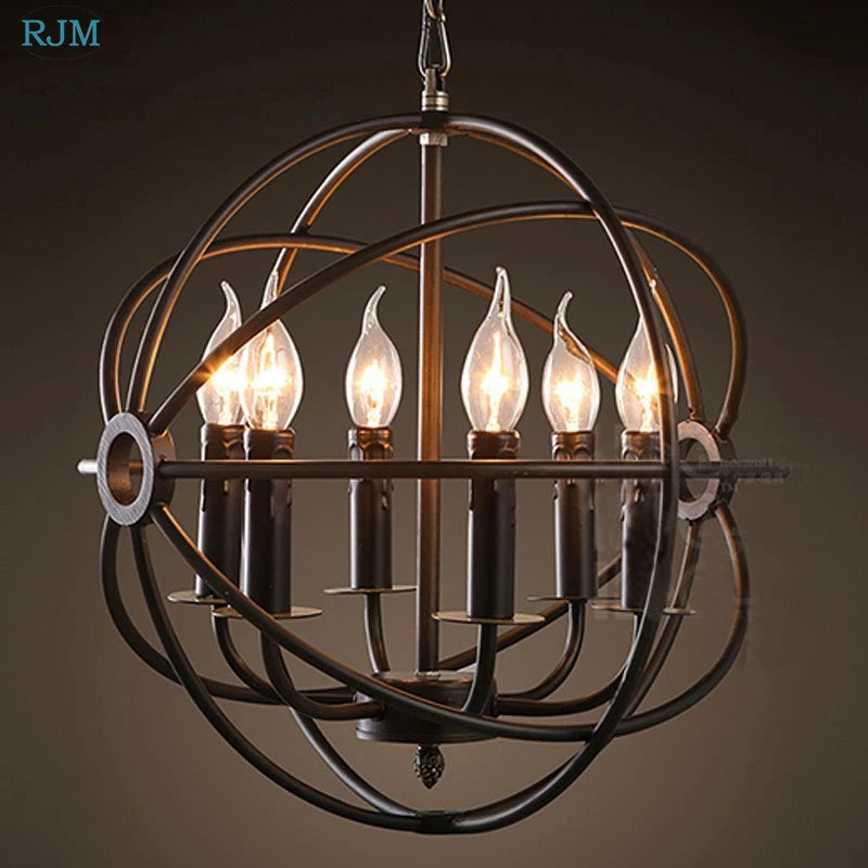 Vintage industrial chandelier with round cages for decorative lighting