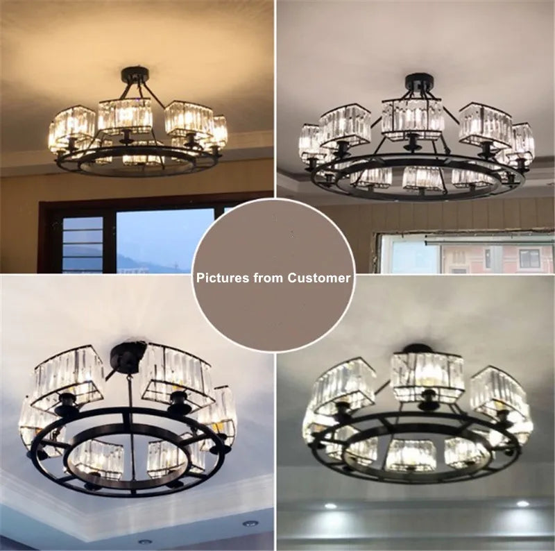 Wrought iron and crystal chandelier in retro industrial style - vue 5 sur 6