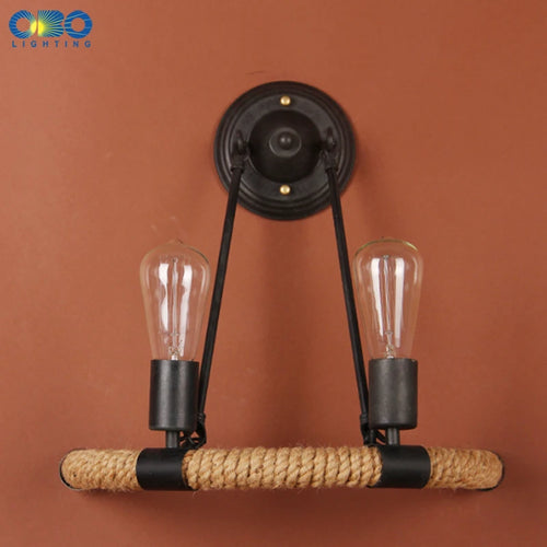 Vintage hemp rope and iron double head wall light - vue 2 sur 6