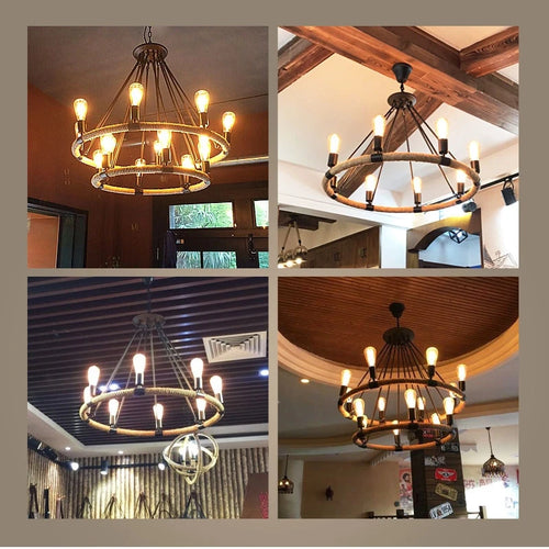 Gzmj vintage industrial hemp rope pendant light - vue 9 sur 9