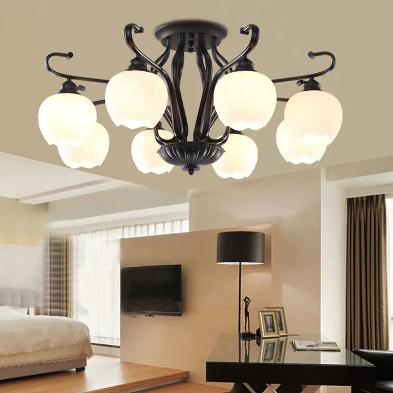 Vintage wrought iron ceiling light with elegant glass shade - vue 3 sur 8