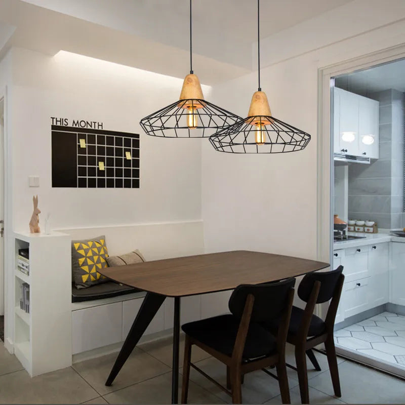 Retro wooden and iron cage pendant light for bar or café - vue 3 sur 8