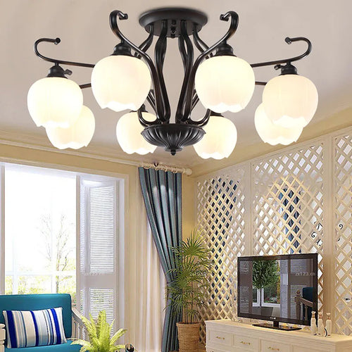 Vintage wrought iron ceiling light with elegant glass shade - vue 2 sur 8