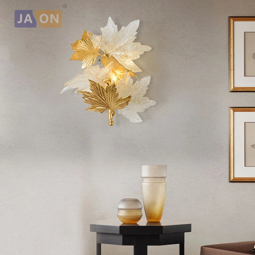 Modern g4 LED copper and glass lamp with maple leaves - vue 4 sur 6