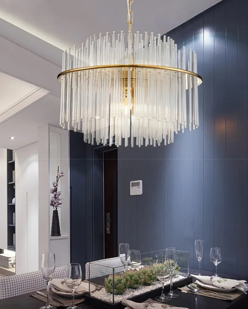 Nordic design crystal chandelier with gold metal and glass rods - vue 6 sur 6