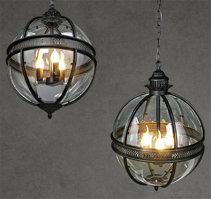 Vintage wrought iron globe pendant light with glass shade