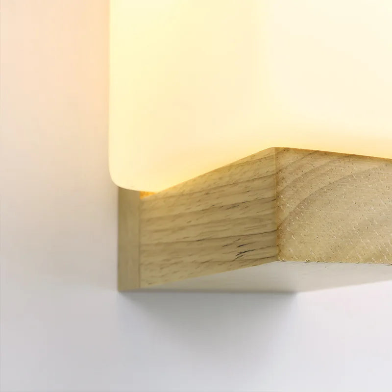 Modern wooden wall light with night light and frosted shade - vue 5 sur 7