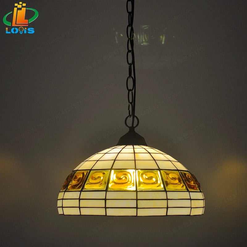 European style brick chandelier with antique Tiffany glass lampshade